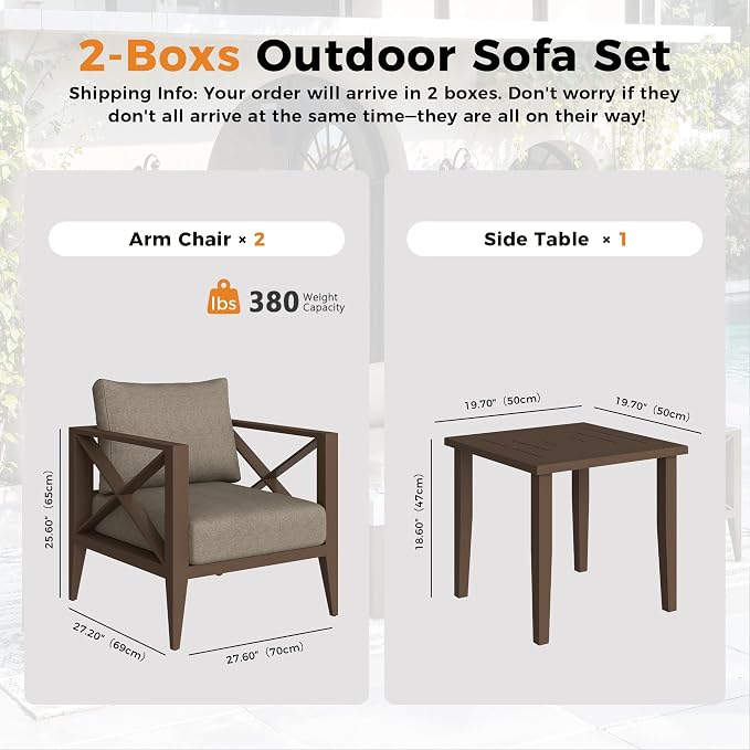 Aluminum Outdoor Patio Furniture Set, 3 Pieces Conversation Set with 5.2 Inch Cushions and Coffee Table, All-Weather Rust-Resistant Frame Conversation Set for Porch, Garden, Backyard, Brown