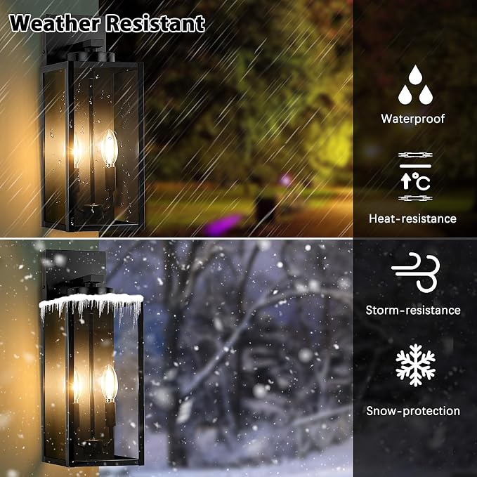 BesLowe 18’’ Large Outdoor Wall Lights, Modern Black Exterior Wall Lanterns | Waterproof Metal Construction, Rust-resistant, Quick & Easy Installation, Clear Glass Shades & E12 Socket