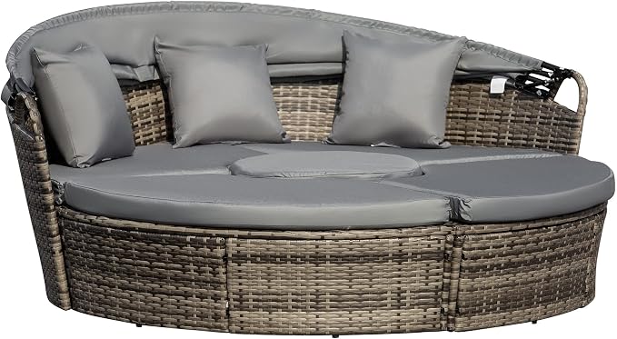 Outsunny 4-Piece Round Convertible Daybed with Cushions, Outdoor PE Rattan Patio Wicker Sofa Set, Sunbed with Adjustable Sun Canopy, Sectional Sofa, 2 Chairs, Table, 3 Pillows, Gray