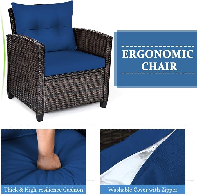 DORTALA Wicker Patio Furniture Set 3 Piece, Outdoor Table and Chairs with Tempered Glass Tabletop, Cushions, Small Rattan Conversation Sofa Set for Balcony, Porch, Backyard, Deck, Navy