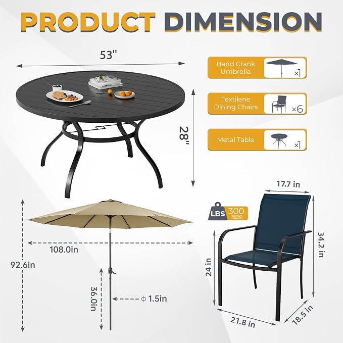 Incbruce 8 PCS Patio Dining Set with Brown Umbrella, Outdoor Dining Set of 6 Textilene Chairs and 53" Round Table with Umbrella Hole for Backyard, Garden, and Poolside (Blue)
