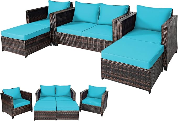 DORTALA 5-Piece Outdoor Patio Conversation Set, Loveseat and 2 Ottoman, Outdoor Sectional Rattan Sofa Set, Multifunctional Rattan Furniture Set Suitable for Backyard Garden Poolside Balcony, Turquoise