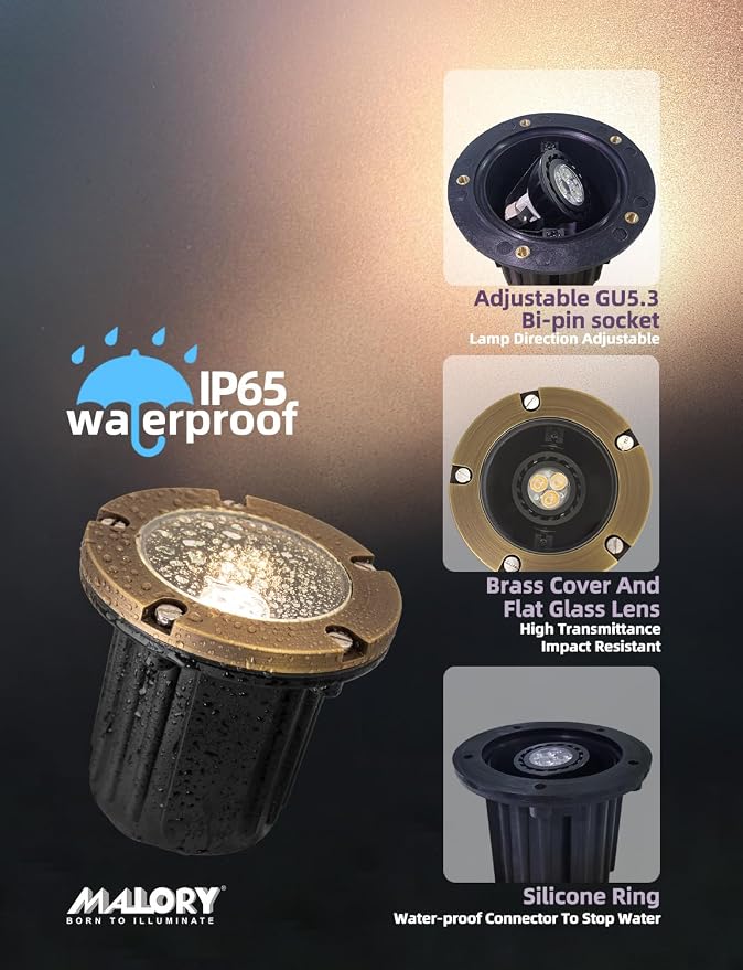 MALORY Low Voltage Landscape Lights, (φ126 mm) Brass Top Cover 12V Outdoor In Ground Lights, LED Well Lighting for Pathway, Driveway, Deck Step and Garden 1 Pack with MR16 Bulb (Flat Top)