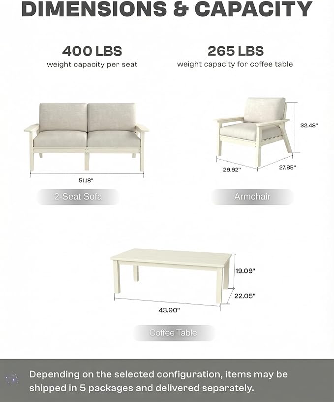 HDPE 5 Piece Patio Furniture Set, Outdoor Couch with Washable Thick Beige Cushions & Coffee Table, Outdoor Sectional Furniture for Backyard, Deck, Lawn, Porch (White Frame)