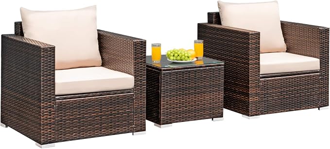 RELAX4LIFE 3-Piece Wicker Bistro Set - Outdoor Patio Rattan Sofa Set w/Washable Cushions & Tempered Glass Coffee Table, Conversation Furniture Set for Backyard, Porch, Garden & Poolside (Brown)