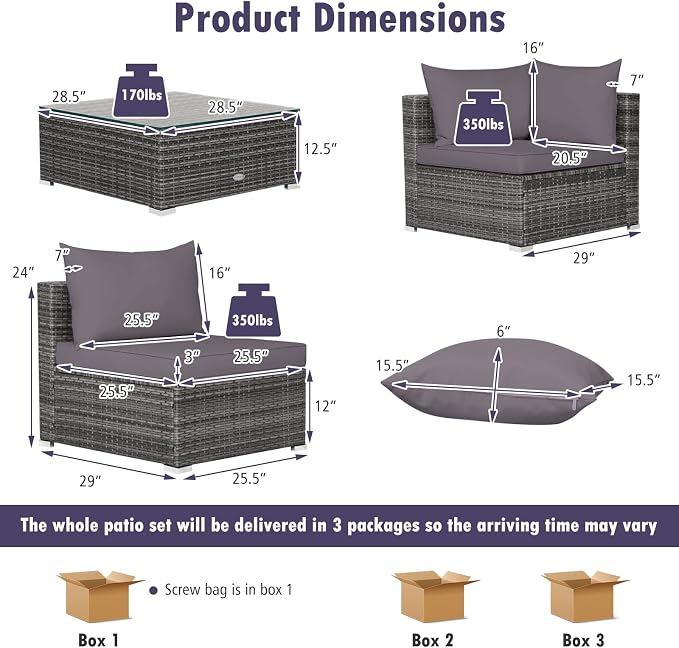 DORTALA 7 Pieces PE Rattan Patio Furniture Set, All-Weather Wicker Conversation Set W/Soft Cushions & Pillows, Coffee Table, Outdoor Sectional Sofa Set for Balcony, Poolside, Backyard, Grey