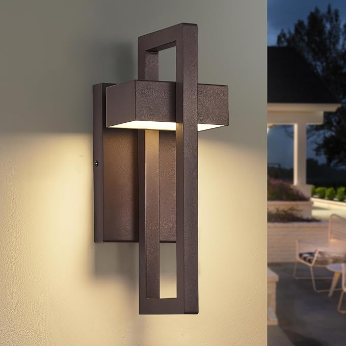 16.5'' Modern LED Outdoor Wall Sconce, Integrated LED Outdoor Light Fixtures Wall Mount Exterior Lights, Brown Front Porch Outside Lighting for House, Backyard, Warm White 3000K, 1 Pack