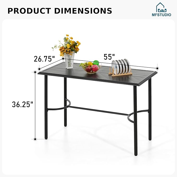 MFSTUDIO 36.2” Patio Counter Height Bar Table, with Rectangular Heavy Duty Metal Table Top for 4, All Weather Resistant Outdoor Table, Black
