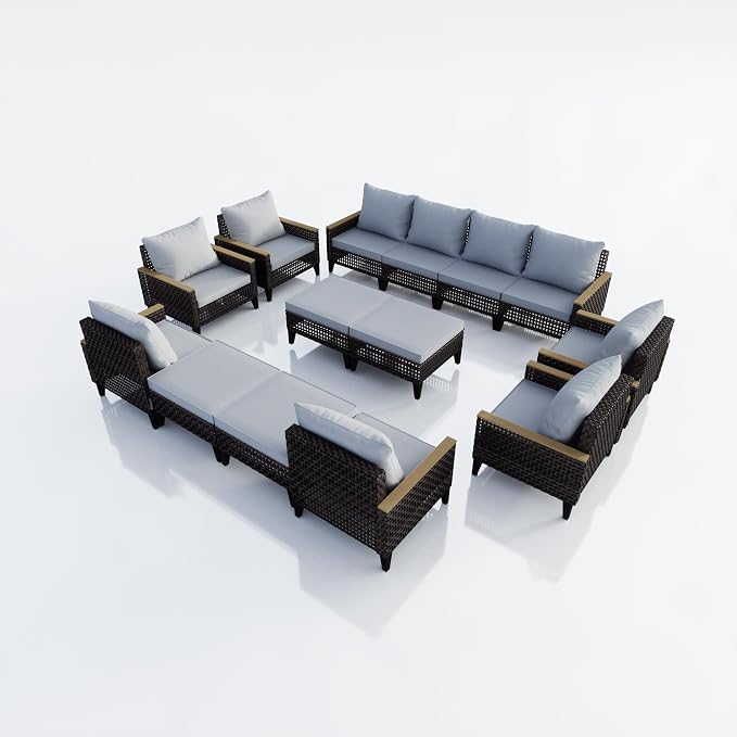 14 Pieces Patio Conversation Set, Wicker Rattan Sectional Modular Sofa Seating Set with Armchairs and Ottomans, Outdoor Furniture for Porch, Poolside, Deck, Balcony, Backyard, Yard (Gray Cushions)