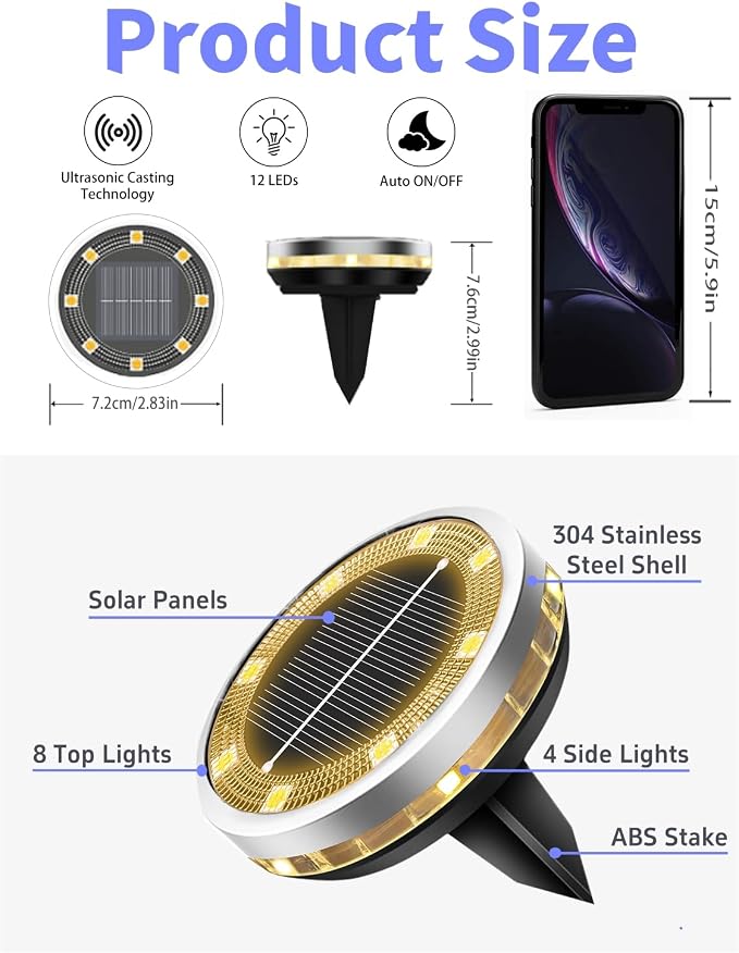 Solar Ground Lights Outdoor 12 Pack Waterproof, Upgraded Solar Garden Lights with 4 Side Light, Stainless Steel Solar Powered Disc Landscape Light for Walkway Pathway Lawn Yard Patio Deck-Warm White