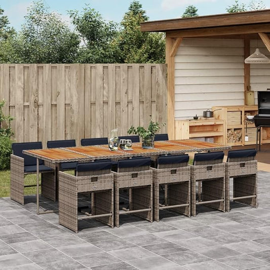 11 Piece Outdoor Dining Set, PE Rattan Patio Furniture with Acacia Wood Tabletop, 10-Seater Grey Garden Table and Chairs with Cushions