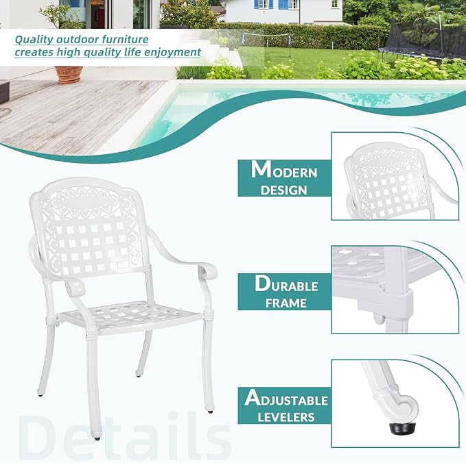 MEETWARM 3 Piece Patio Bistro Set, Outdoor All-Weather Cast Aluminum Dining Furniture Set Includes 2 Chairs and a 35.4” Round Table with Umbrella Hole for Garden Deck, White