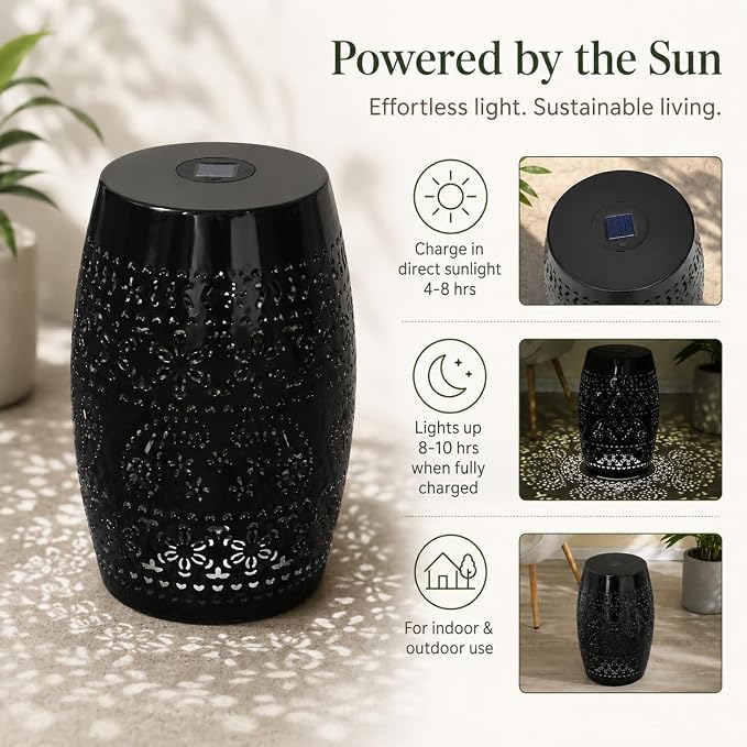 12" Outdoor Solar Side Table, Multi Functional Decorative Cutout Metal Round Side Table, Coffee Table, Night Stand, Plant Stand for Patio, Garden, Backyard, Gazebo Indoor (Black)