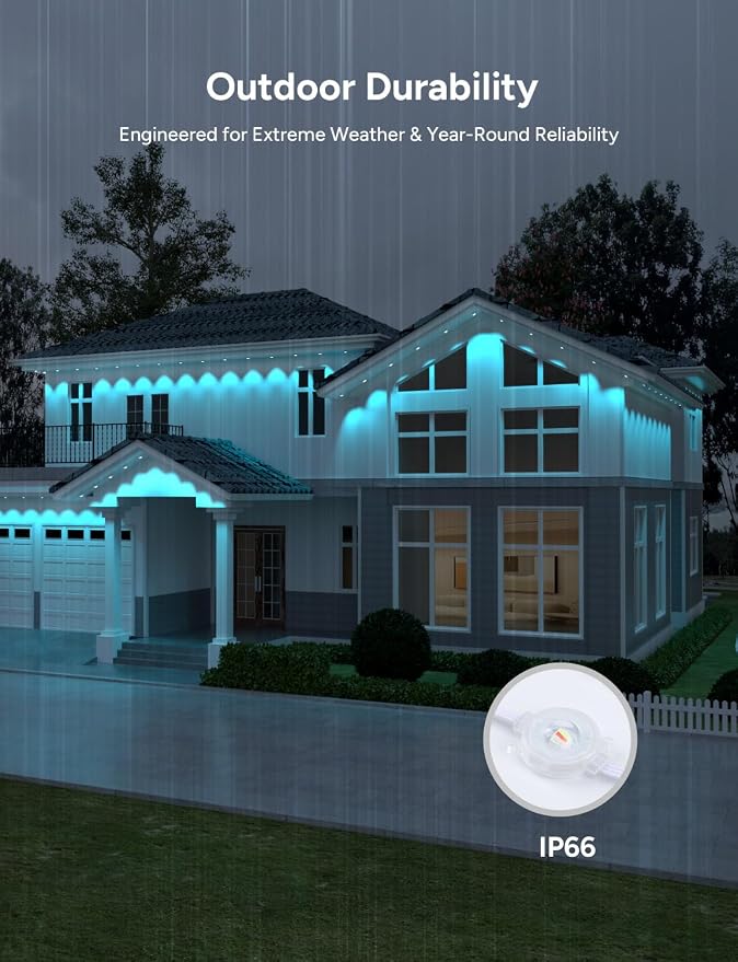 Permanent Outdoor Lights, 100ft with 60 LEDs Smart RGB, 68+ Scene Modes IP66 Waterproof, Alexa/Google Assistant Compatible Holiday Lighting for Christmas Halloween Patio Decor