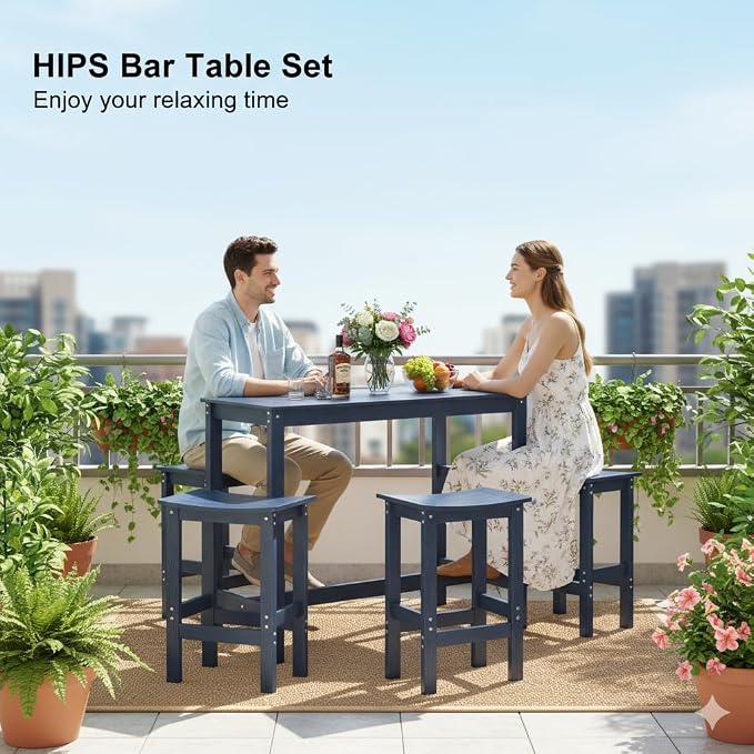 5Pcs Poly Lumber Outdoor Patio Bar Set, All Weather HIPS Bar Table and Chairs Set for Outside, 55" Rectangular High Top Bar Table with 4 Bar Stools for Patio, Poolside, Balcony, Hot Tub, Blue