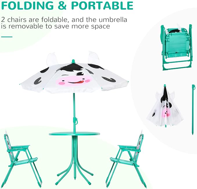 Outsunny Kids Table and Chair Set, Outdoor Folding Garden Furniture, Picnic Table for Patio Backyard, with Removable & Height Adjustable Sun Umbrella, White
