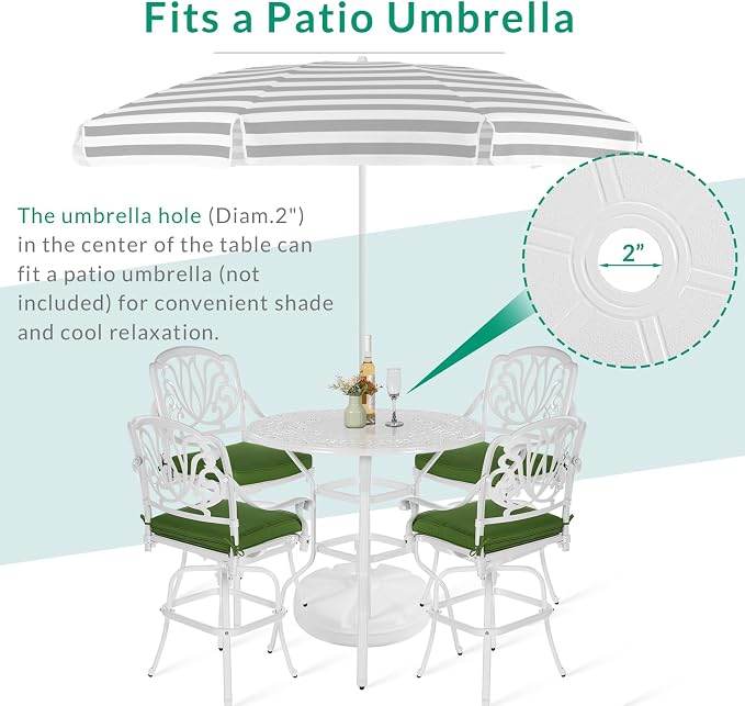 VIVIJASON 38.5" Patio Height Bar Table, All-Weather Cast Aluminum Bar Bistro Table Outdoor Patio Round Dining Table with Umbrella Hole for Balcony, Lawn, Garden, Backyard, White