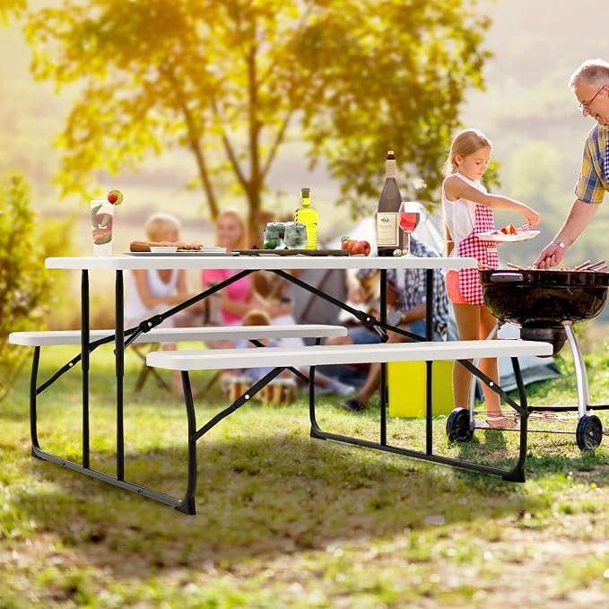 Tangkula Folding Picnic Table with 2 Benches, Outdoor Metal Camping Table Set with Plastic Wood-Like Texture Tabletop & Steel Frame, Foldable Camping Table for Picnic, Party, BBQ (White)