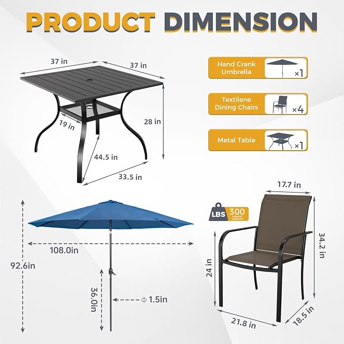 Crownland 5 Piece Patio Dining Set, Outdoor Textilene Dining Sets, 4 Textilene Metal Chairs and Square Outdoor Dining Table with Dark Blue 9FT Round Outdoor Umbrella (Brown)