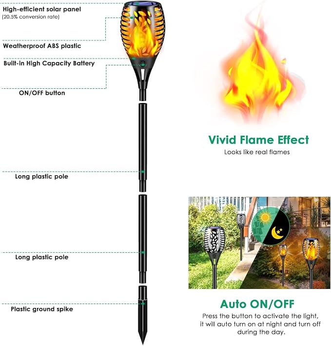 TomCare 6 Pack Solar Lights Outdoor Flickering Flame Solar Torch Lights | Realistic Flame Effect, Charges in 6-8 Hours, 10-12-Hour Runtime, IP65 Waterproof, Auto On/Off for Yard, Patio and Garden