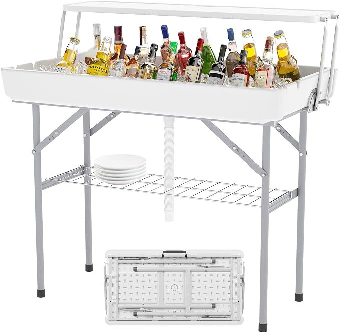LHBcraft Outdoor Ice Cooler Folding Table with Extra Storage Shelf,Ice Tables for Parties with Drain,Cooler Server for Camping, Picnic, Wedding, BBQ (White)