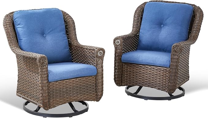 Patio Swivel Chairs Set of 2-High Back Swivel Rocker Outdoor Chair Patio Chair for Deck Porch Lawn Garden Backyard-Brown/Blue