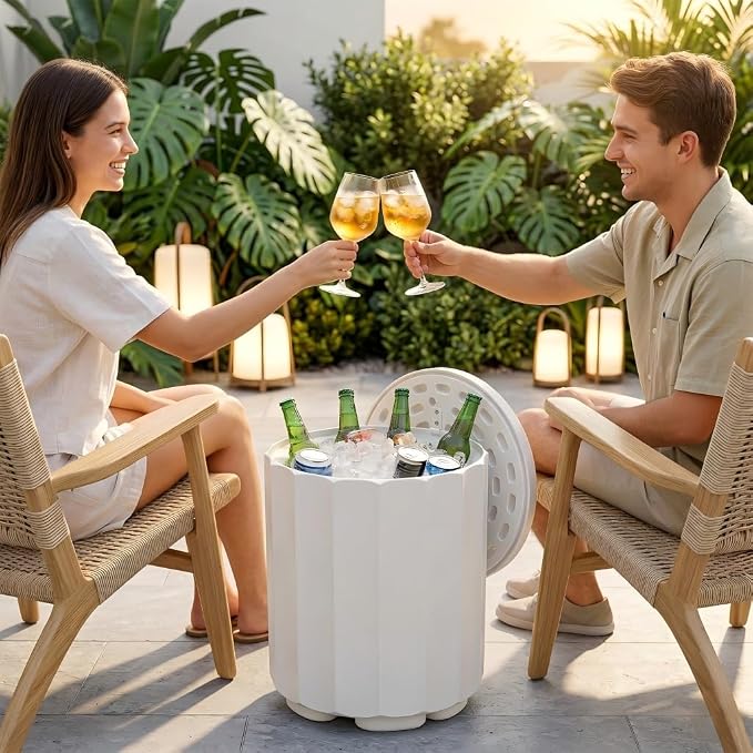 Outdoor Cooler Side Table, 2-in-1 Versatile Ice Cooler Table, Broad Fluted Outdoor Accent Table with Hangable Lid, All-Weather Resistant for Patio Decor, Deck, BBQ, Beach, White