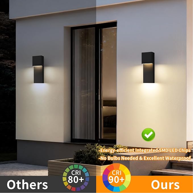 Modern LED Outdoor Wall Sconce, 15'' 20W Outdoor Light Fixtures Exterior Wall Lights, Black LED Front Porch Lights Outside Wall Mount Lighting for House, Backyard, Warm White 3000K, 2 Pack