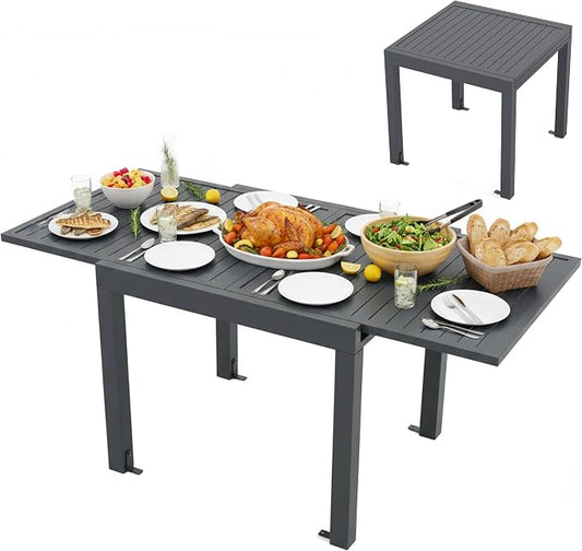 Tangkula 31.5"-63" Extendable Patio Dining Table, Aluminum Outdoor Dining Table for 4-6 People, L-Shaped Brace Included for Fixation, Space-Saving Outside Table for Garden, Porch, Poolside, Dark Grey