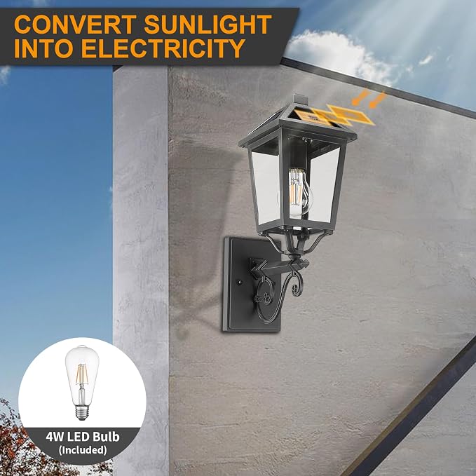 Solar Outdoor Wall Light, 17'' Vintage Lantern-Style Sconce with Remote Control, Alluminum Matte Black Weatherproof Exterior Lighting Front Porch Lights for House Garage Doorway Patio