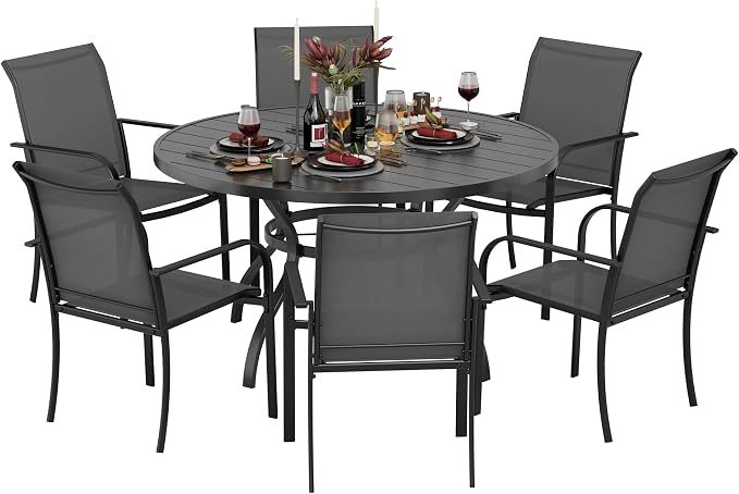 7-Piece Patio Dining Set,6 Person Outdoor Table and Chairs Set, 6 Metal Dining Chairs and Round Outdoor Table with 1.57" Umbrella Hole,Grey