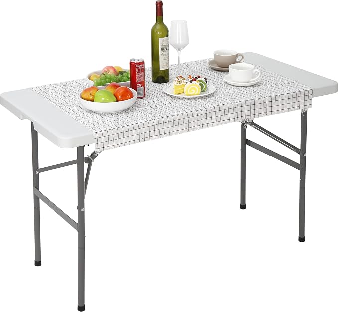 4 FT Folding Table, Fold in Half, Heavy Duty Portable Plastic Table w/Handle for Picnic Party Camping Dining Indoor Outdoor, Lightweight White