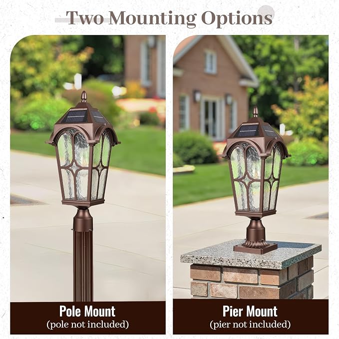 22 Inch Large Solar Post Light Outdoor, Dusk to Dawn Pier Mount Lamp, Oil Rubbed Bronze (ORB) Aluminum with Seeded Water Ripple Glass, Waterproof Solar Pole Light Fixture for Yard Garden Pillar Patio