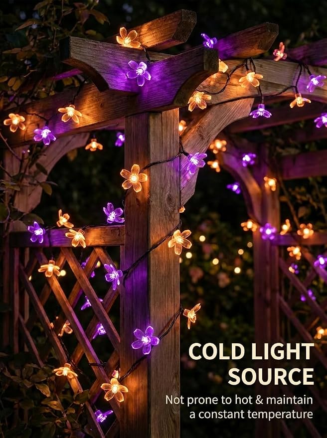 ITICdecor Solar Flower String Lights Outdoor Waterproof 50 LED Solar Powered Fairy Lights for Garden, Fence, Patio, Yard, Christmas Tree & Party Decor(Purple & Orange)