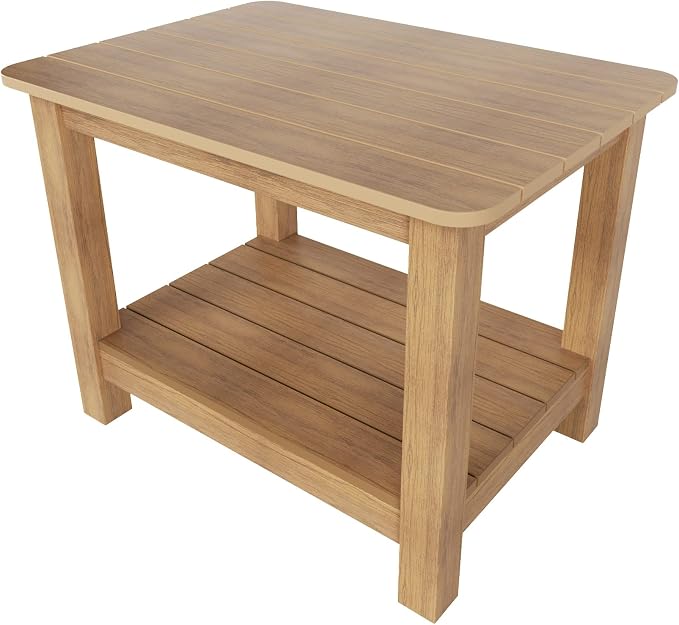 WestinTrends Tuscany Outdoor Side Table, All Weather HIPS 2 Tier Adirondack Small Patio Table with Storage, Teak
