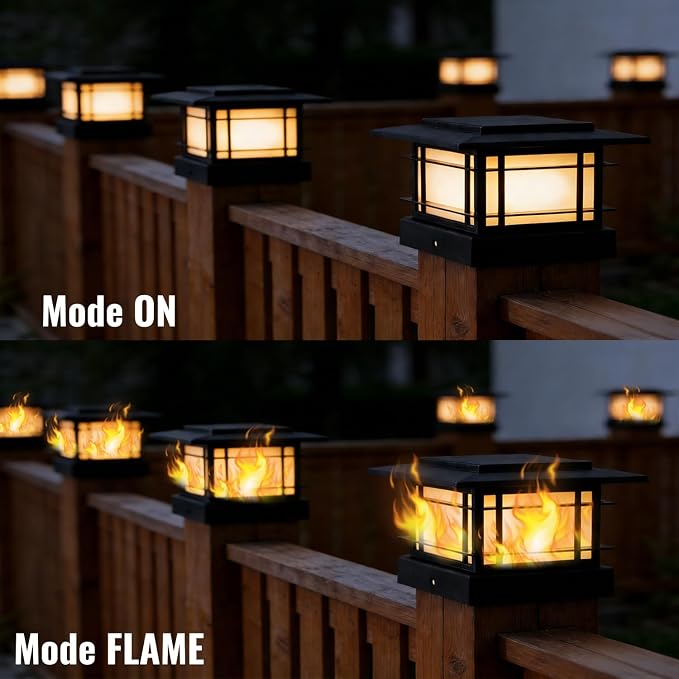 Dynaming 4x4 Solar Post Cap Lights Outdoor with Flickering Flame Light, 12 Pack Black Shell Fence Post Solar Lights Fit Vinyl/Wooden Posts, Brightness LED Lighting Decor for Garden Deck Patio
