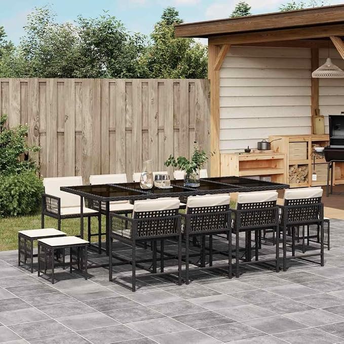 Garden Dining Set Black Poly Rattan 12-Seater Stackable with Tempered Glass Table, UV Resistant Outdoor Patio Furniture for 12 People, Space Saving Cushioned Chairs for Balcony Terrace BBQ