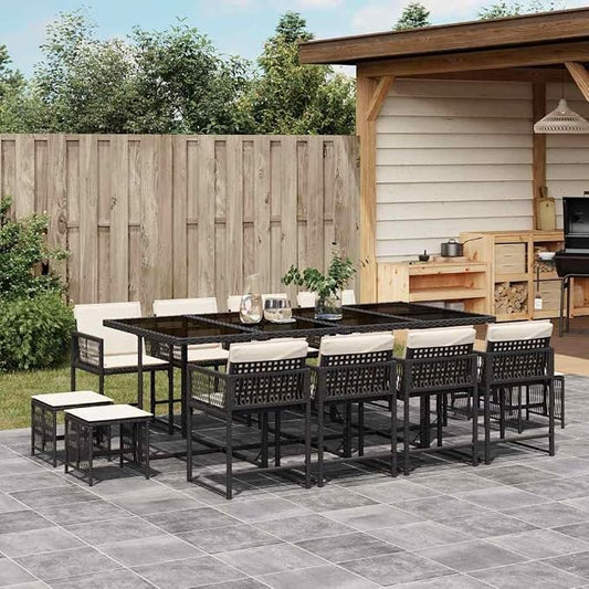 Garden Dining Set Black Poly Rattan 12-Seater Stackable with Tempered Glass Table, UV Resistant Outdoor Patio Furniture for 12 People, Space Saving Cushioned Chairs for Balcony Terrace BBQ