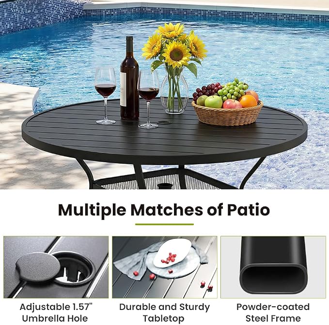 47.3 Inch Outdoor Dining Table for 6 – E-Coating Metal Round Patio Table with Adjustable 1.57" Umbrella Hole, All-Weather Table for Porch, Garden, Backyard, Poolside, Lawn