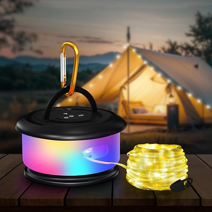 Camping String Lights, Retractable 32.8FT Rechargeable Fairy Light | Quick Storage RGB Flash Lamp Outdoor Waterproof, Portable Hanging Lantern for Outside Tent Patio Awning Garden RV Essentials