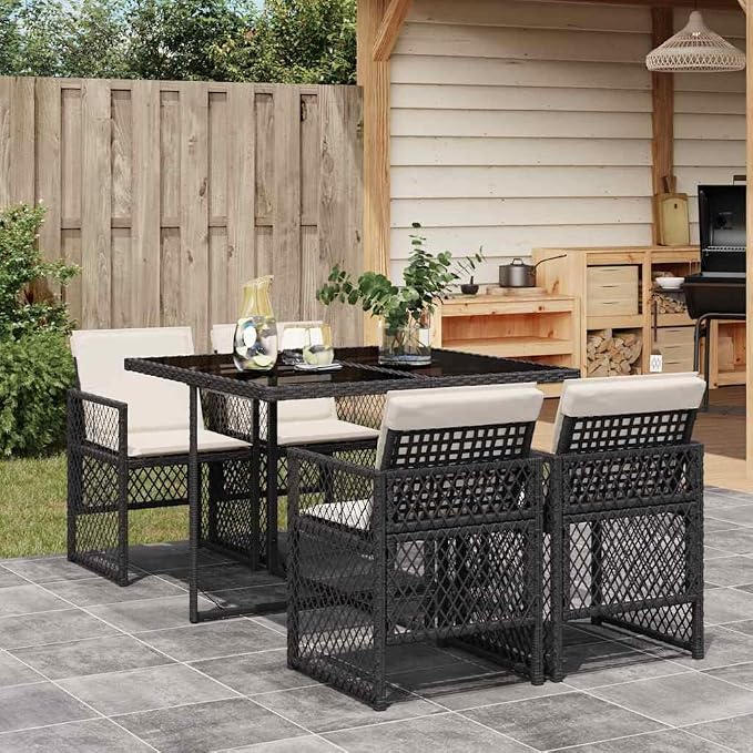 5-Piece Garden Dining Set Black Cream White, Poly Rattan Rectangular Table with 4 Chairs, Powder-Coated Steel Frame, Semi-Opaque Tempered Glass Top, Outdoor Dining Set for Patio