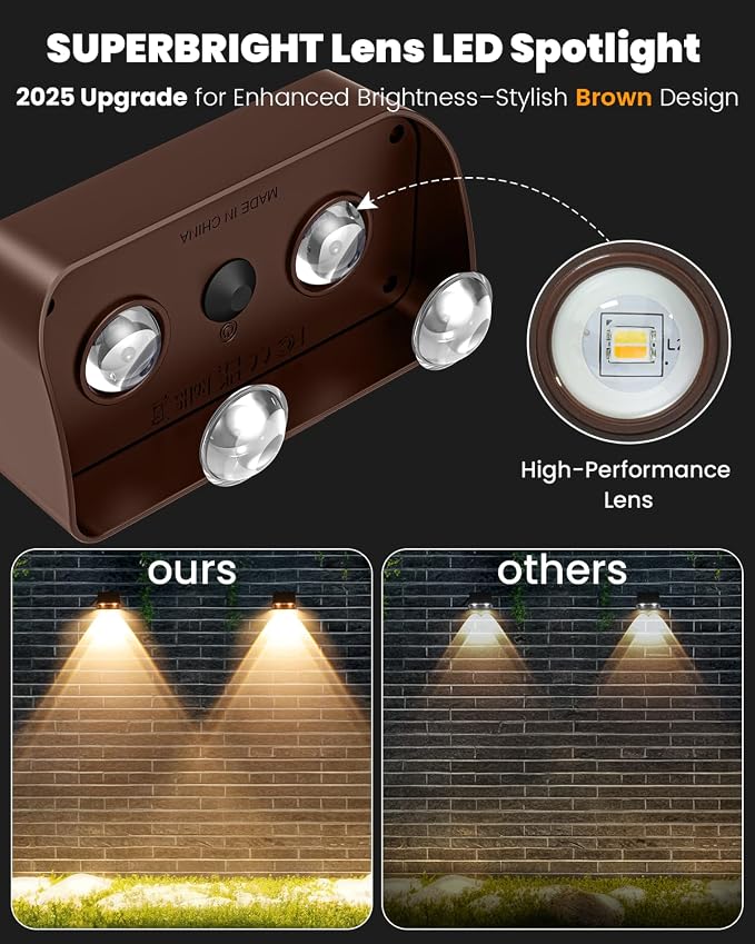 Brighter Solar Fence Lights-3000/4000/6000K 3 Mode,Solar Lights Outdoor Waterproof,Dusk to Dawn Deck Light, Outdoor Lighting for Backyard/Railing/Wall/Step/Patio(8 Pack,Brown)