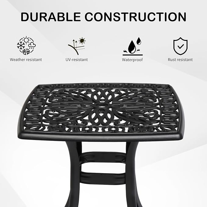 VINGLI 21" Cast Aluminum Outdoor Side Table with Umbrella Hole, All Weather Patio Side Table Bistro Table for Balcony, Yard and Porch (Black)