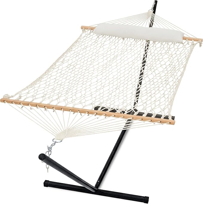 GAFETE 2 Person Hammock with Stand for Outside, 52inch Double Cotton Rope Hammock, Heavy Duty Steel Stand, Large Removable Pillow, Max 475 lbs Capacity (Natural Beige)