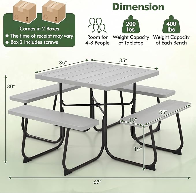 POWERSTONE Picnic Tables with Benches for 8, Outdoor HDPE Picnic Table with Umbrella Hole, Heavy Duty 35" Portable Dining Set Camping Table for Backyard, Patio, Park(Grey)