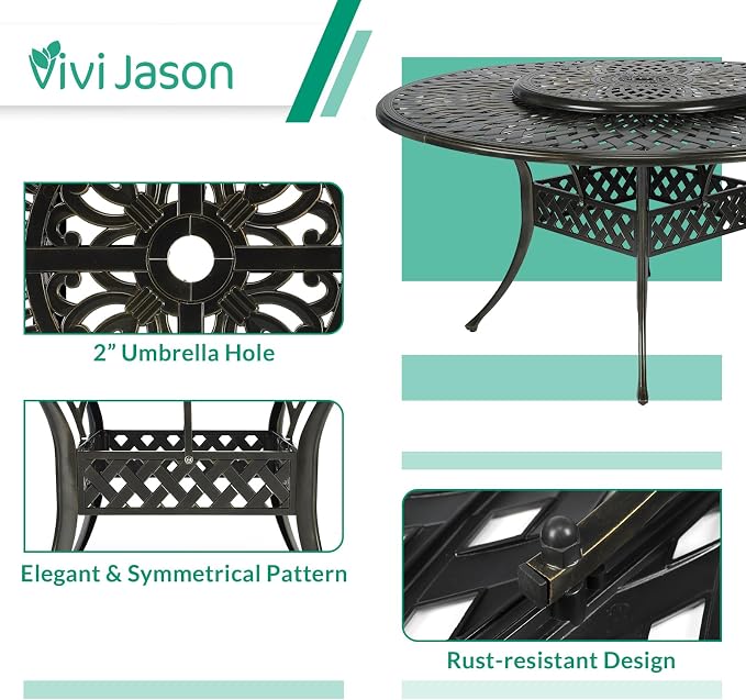 VIVIJASON 9-Piece Patio Dining Set, Rust-Free Cast Aluminum Outdoor Furniture Set, 8 Patio Dining Chairs and 61" Round Dining Table with 31" Lazy Susan, Umbrella Hole for Backyard, Patio, Garden