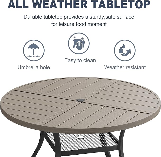 VICLLAX 40.6" Round Patio Dining Table for 4, All Weather Metal Outdoor Table with 1.57" Umbrella Hole and Storage Shelf for Garden Lawn Deck, Grey