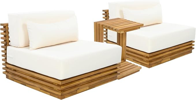Merax Oversized Outdoor 3-Piece Chat Set with 2 Club Chairs & Side Table, Acacia Wood Frame, Natural Finish with Beige Cushions for Patio & Garden