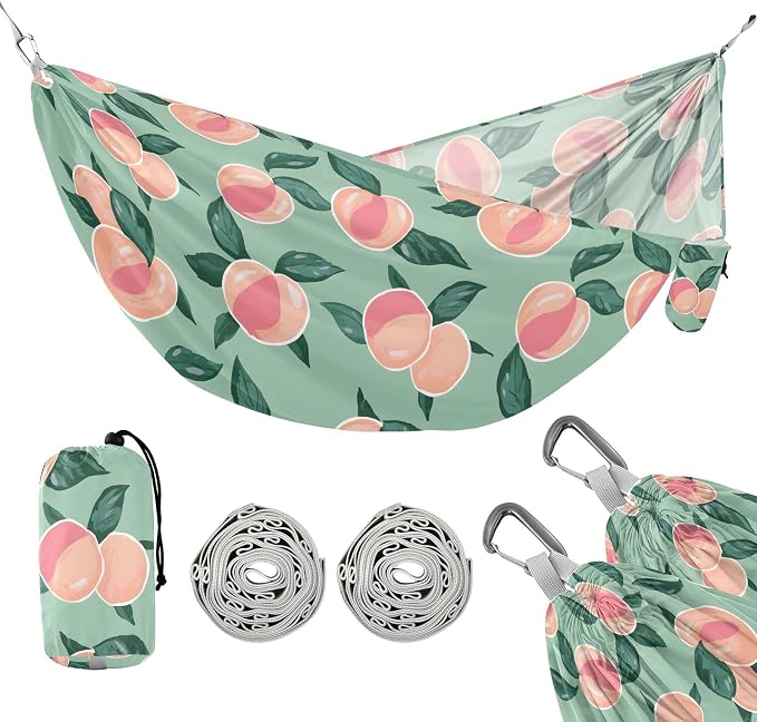 Camping Hammock Outdoor Hammocks for Outside Peaches Leaves Green Beach Trees Portable Lightweight with Pockets Tree Straps Indoor Small