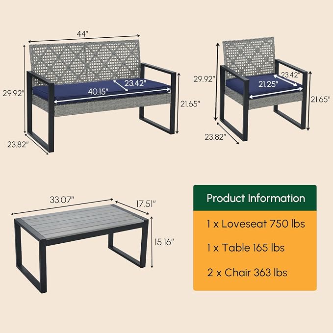 BEEFURNI Wicker Patio Furniture Outdoor Conversation Set of 4, Rattan Outdoor Furniture Set, Acacia Wood Table, 2 Chairs, 1 Loveseat, 2” Cushions, All Weather Set for Patio, Porch, Balcony (Gray)